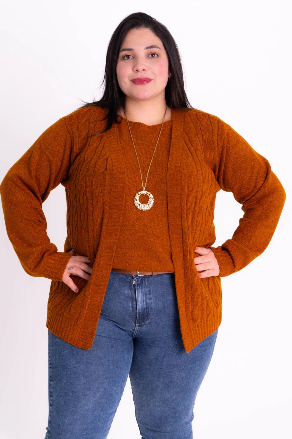 Conjunto Plus Size de Tricot Feminino com Blusa e Cardigan