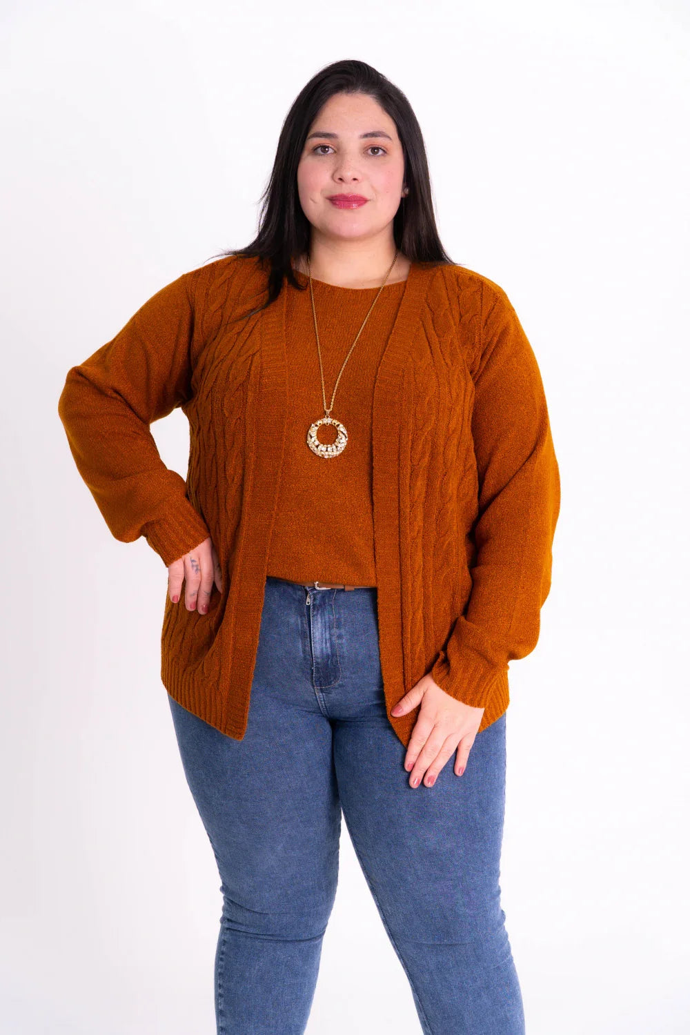 Conjunto Plus Size de Tricot Feminino com Blusa e Cardigan