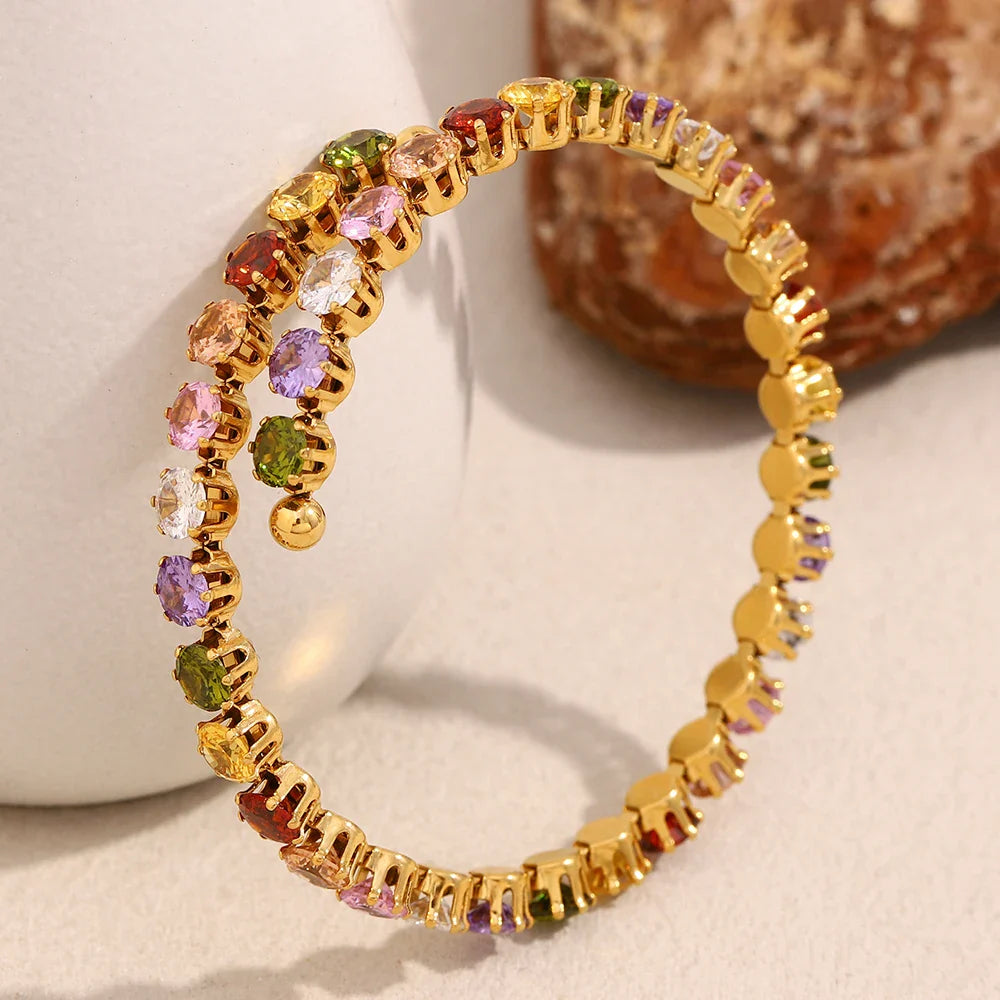 Pulseira Luxuosa de Zircão Multicolorido Banhada a Ouro