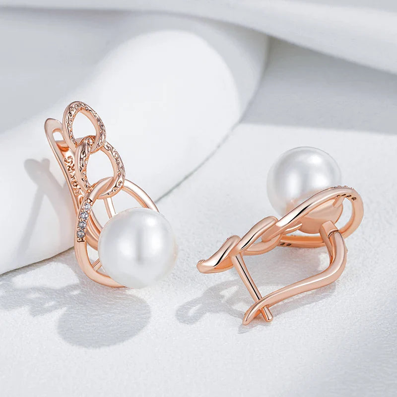 Brincos Geométricos de Pérola com Zircão Natural em Ouro Rosa