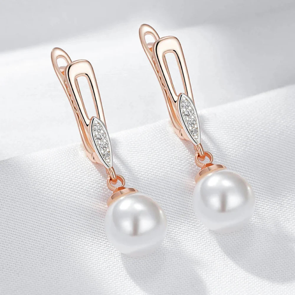 Brincos Geométricos de Pérola Luxo Ouro Rosa 585